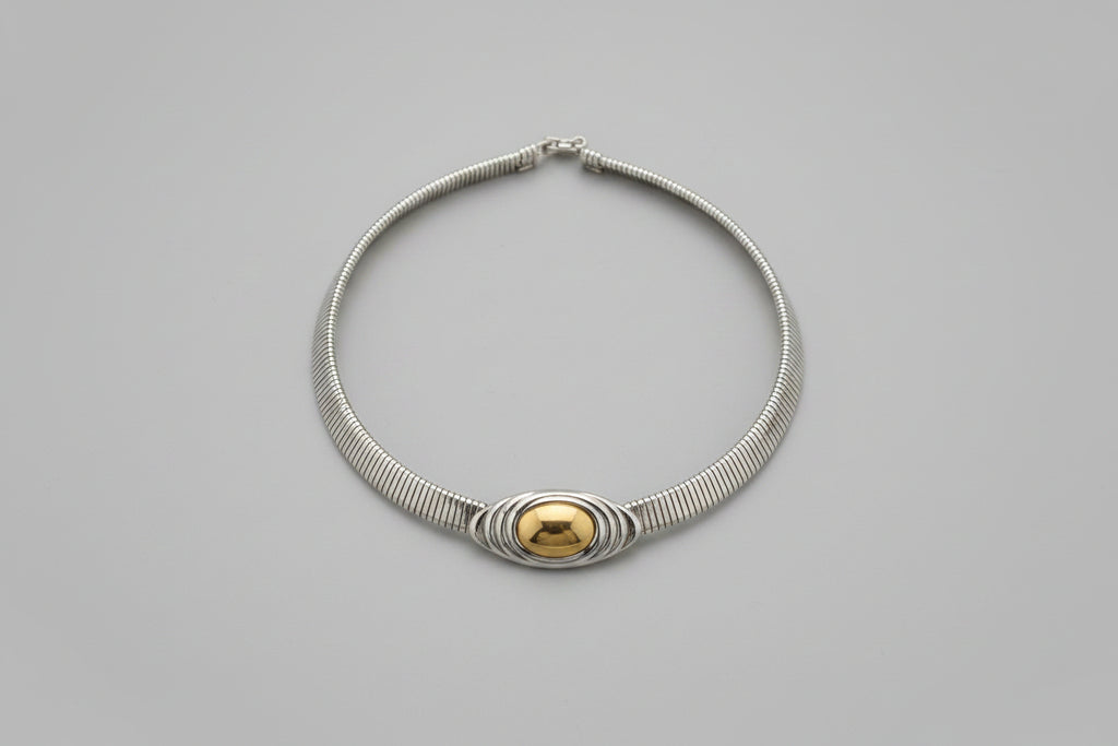 Unsigned Two-Tone Omega Collar Choker Necklace with Gold Oval Cabochon Center, c. 1980s — view 1