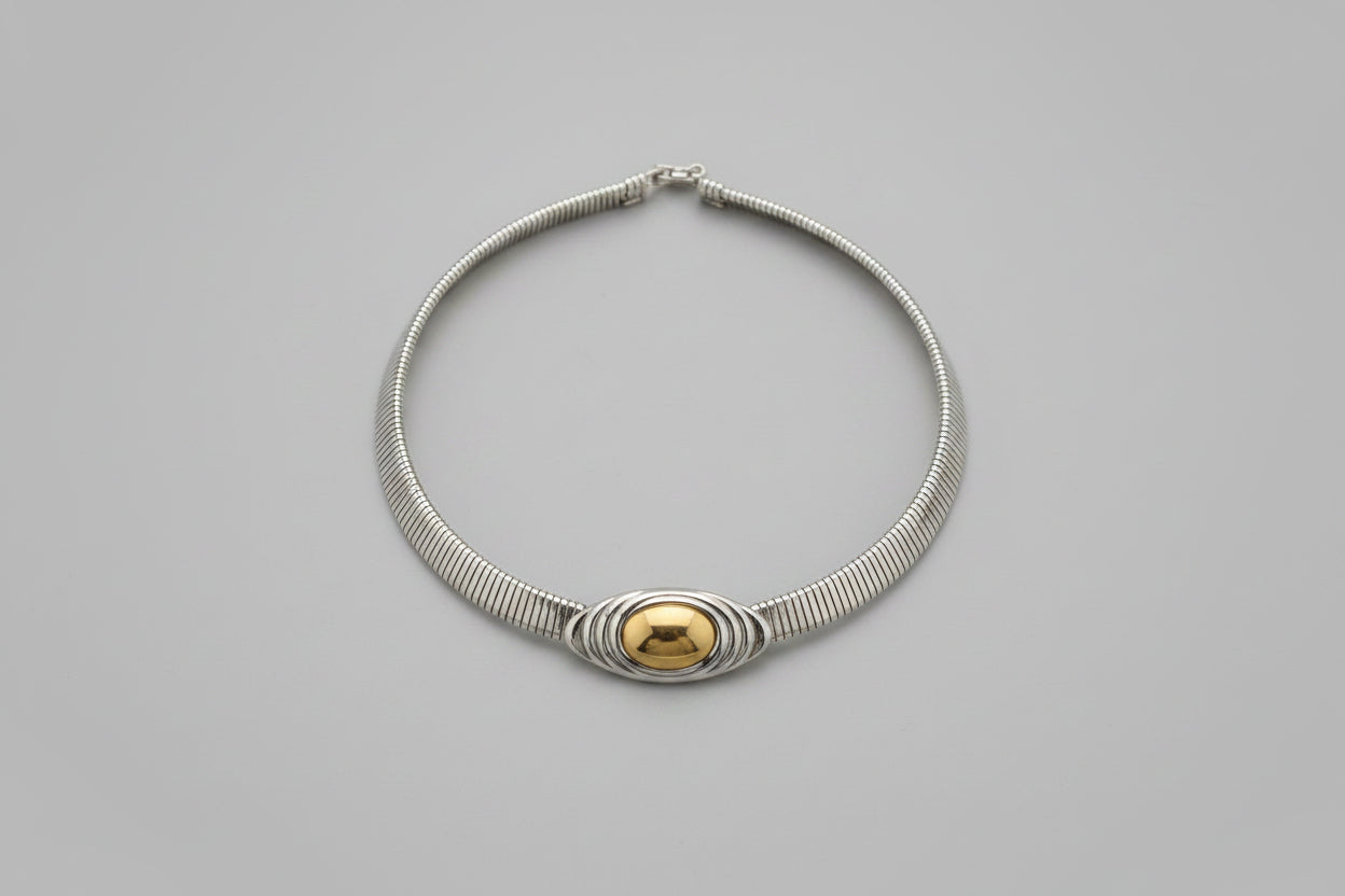 Unsigned Two-Tone Omega Collar Choker Necklace with Gold Oval Cabochon Center, c. 1980s — view 1