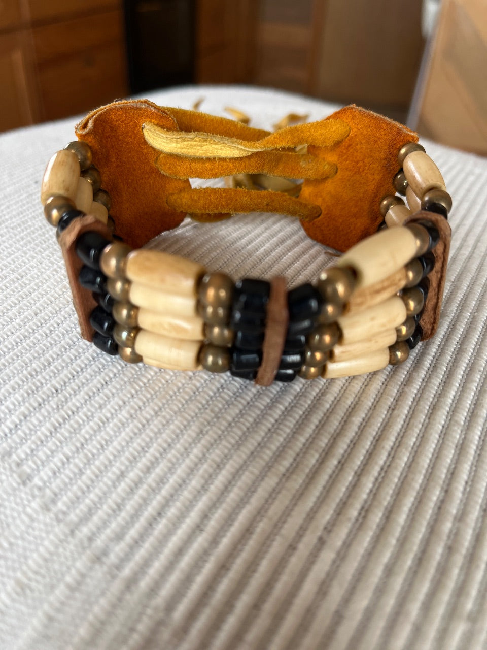 Unsigned Bone Tube, Brass & Black Bead Multi-Row Leather Cuff, c. 1980s–1990s — view 1