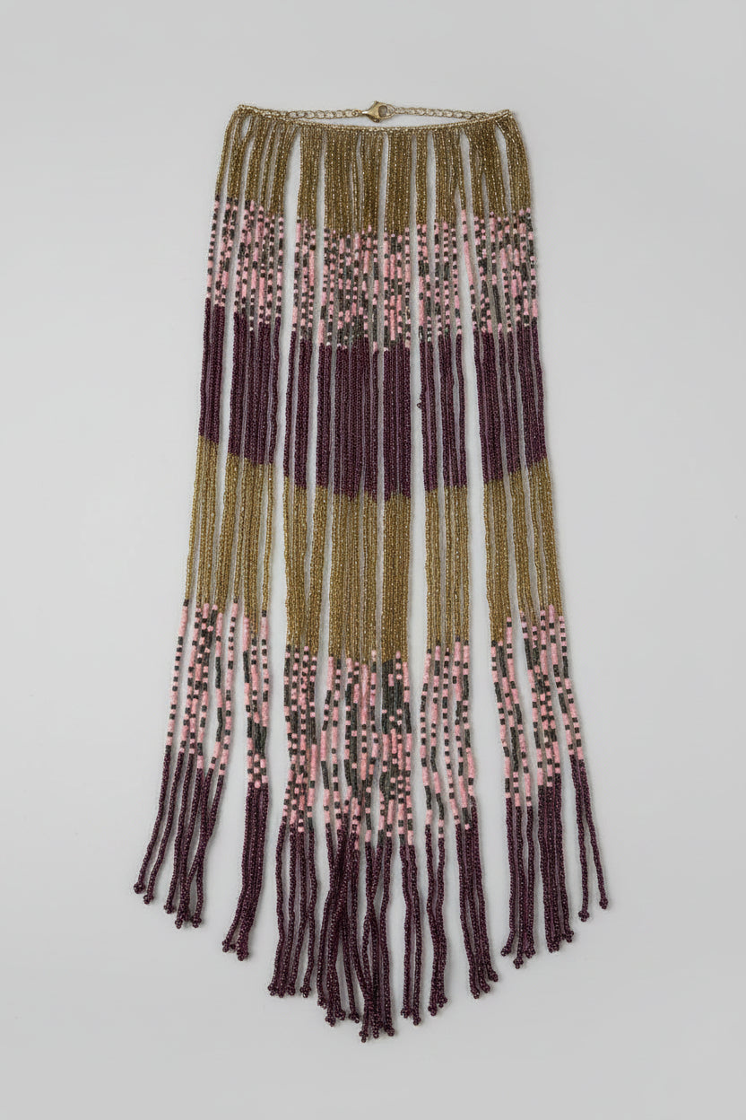 Unsigned Handmade Multi-Strand Seed Bead Fringe Collar Necklace, c. 1970s–1980s — view 1