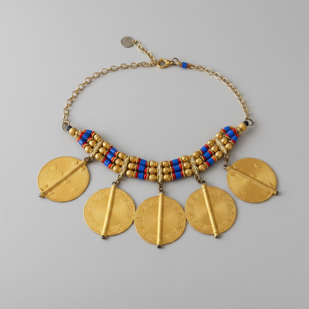 Unsigned North African / Berber-Style Tribal Coin & Beaded Bracelet, c. 1970s–1980s — view 1