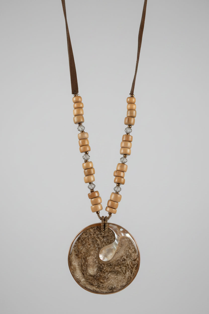 Unsigned Artisan Wood Bead & Shell Pendant Necklace, c. 2000s–2010s — view 1
