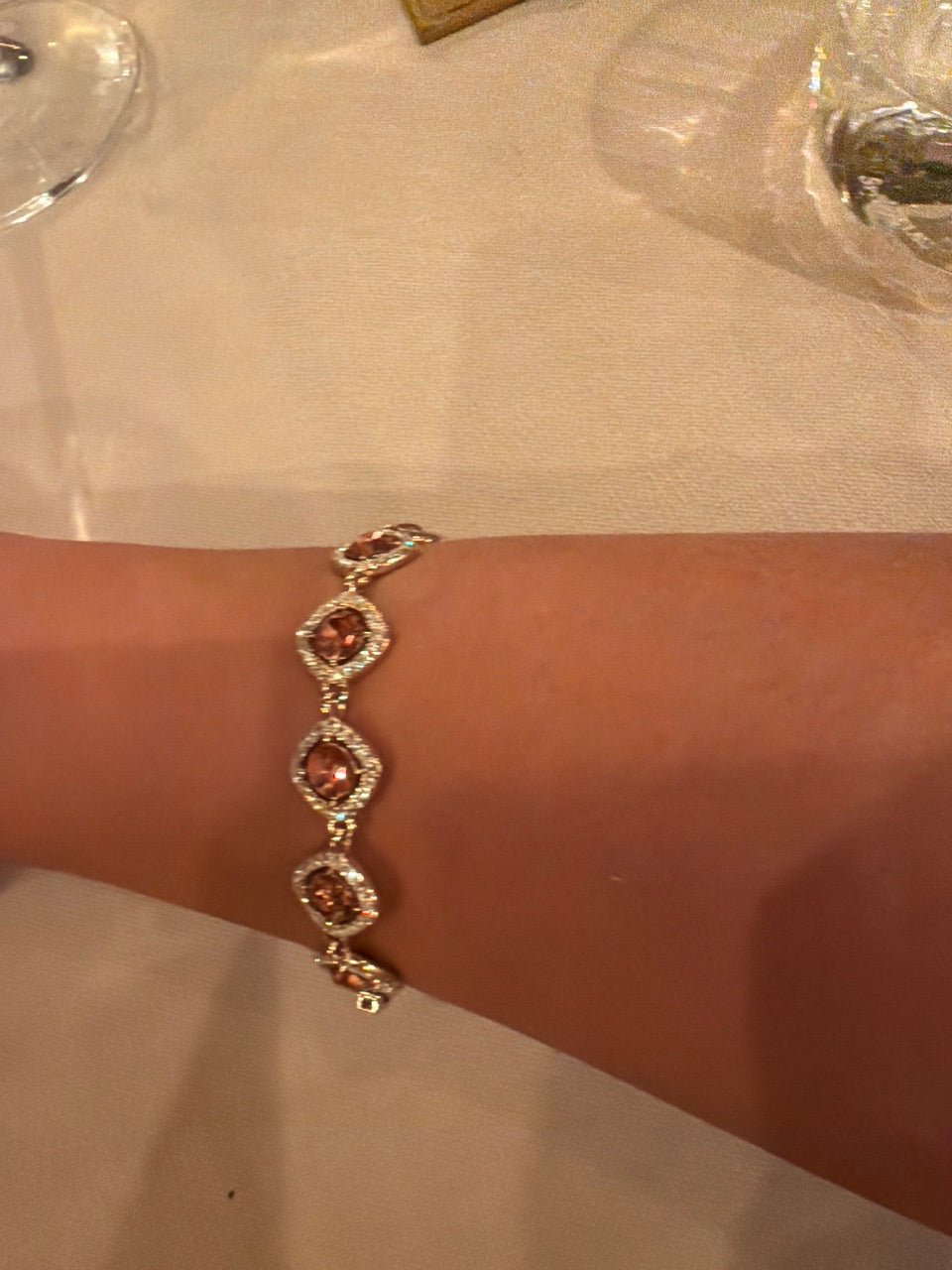 Unsigned Pink Crystal Cushion-Halo Link Bracelet, c. 2000s–2010s — view 1
