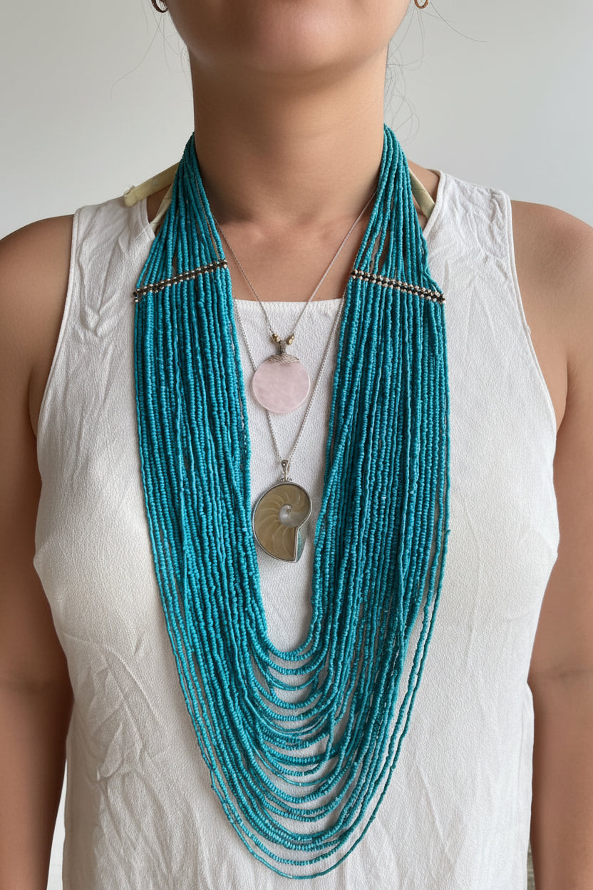Unsigned Layered Necklace Set — Multi-Strand Turquoise Seed Bead with Rose Quartz & Nautilus Shell Pendants, c. 2000s–2010s — view 1