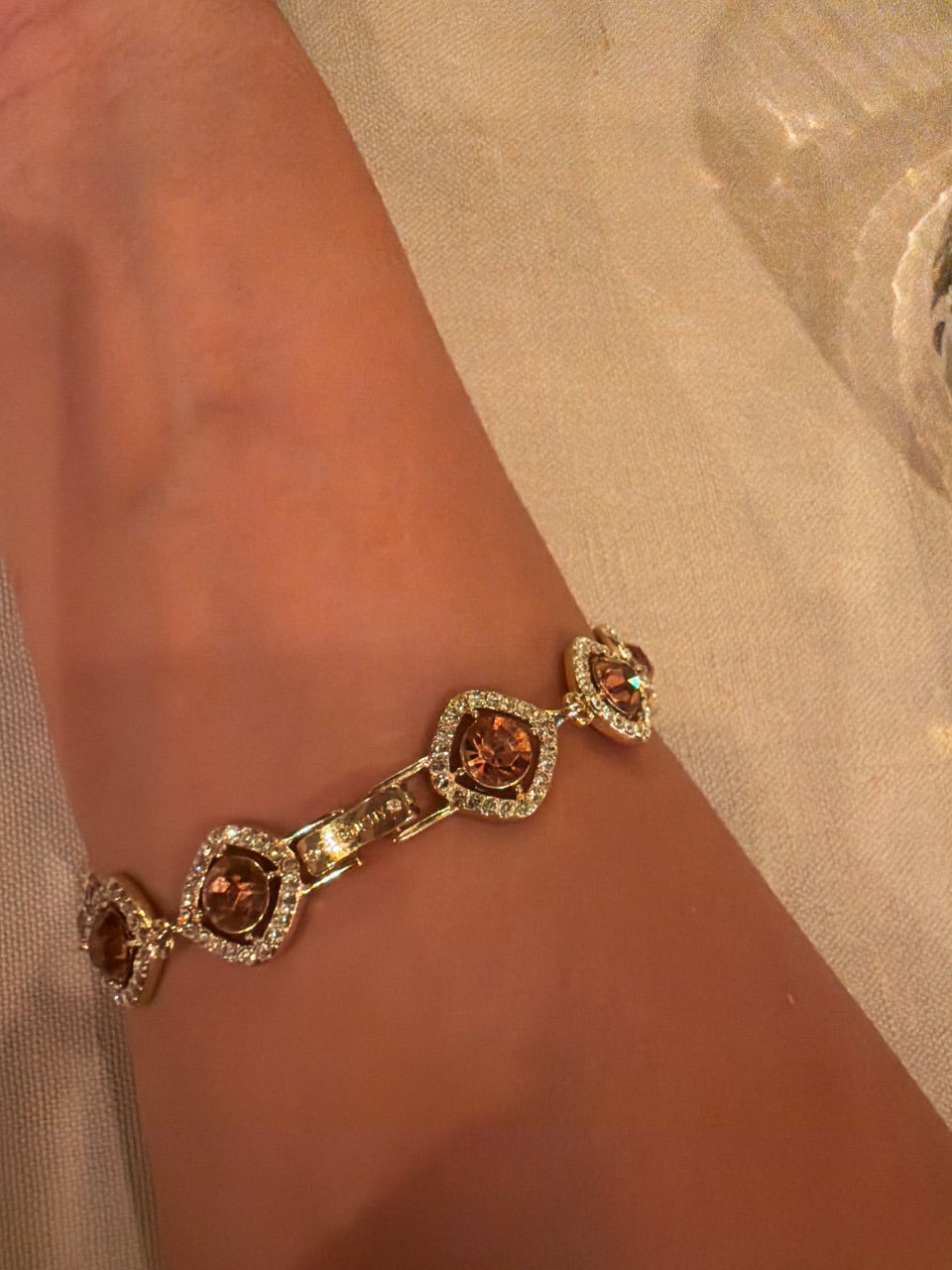 Unsigned Pink Crystal Cushion-Halo Link Bracelet, c. 2000s–2010s — view 2