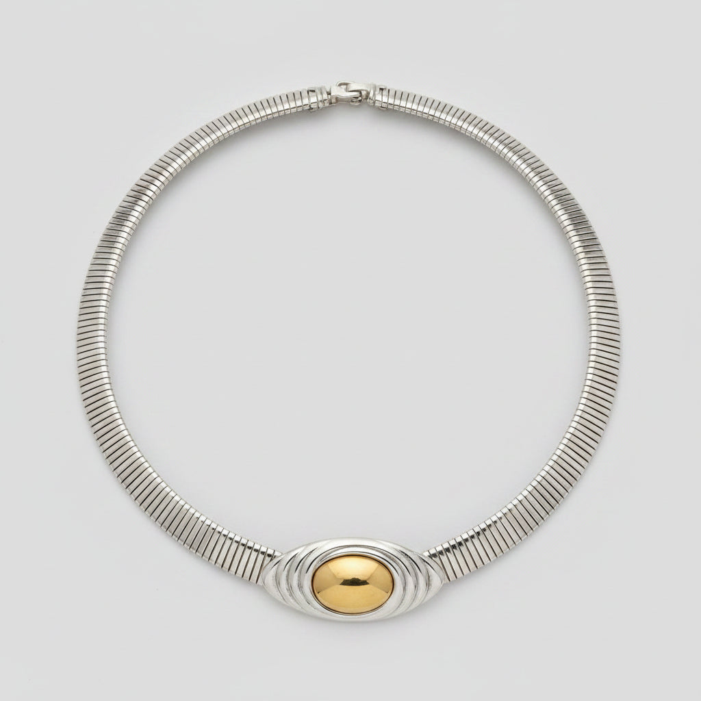 Unsigned Two-Tone Omega Collar Choker Necklace with Gold Oval Cabochon Center, c. 1980s — view 2