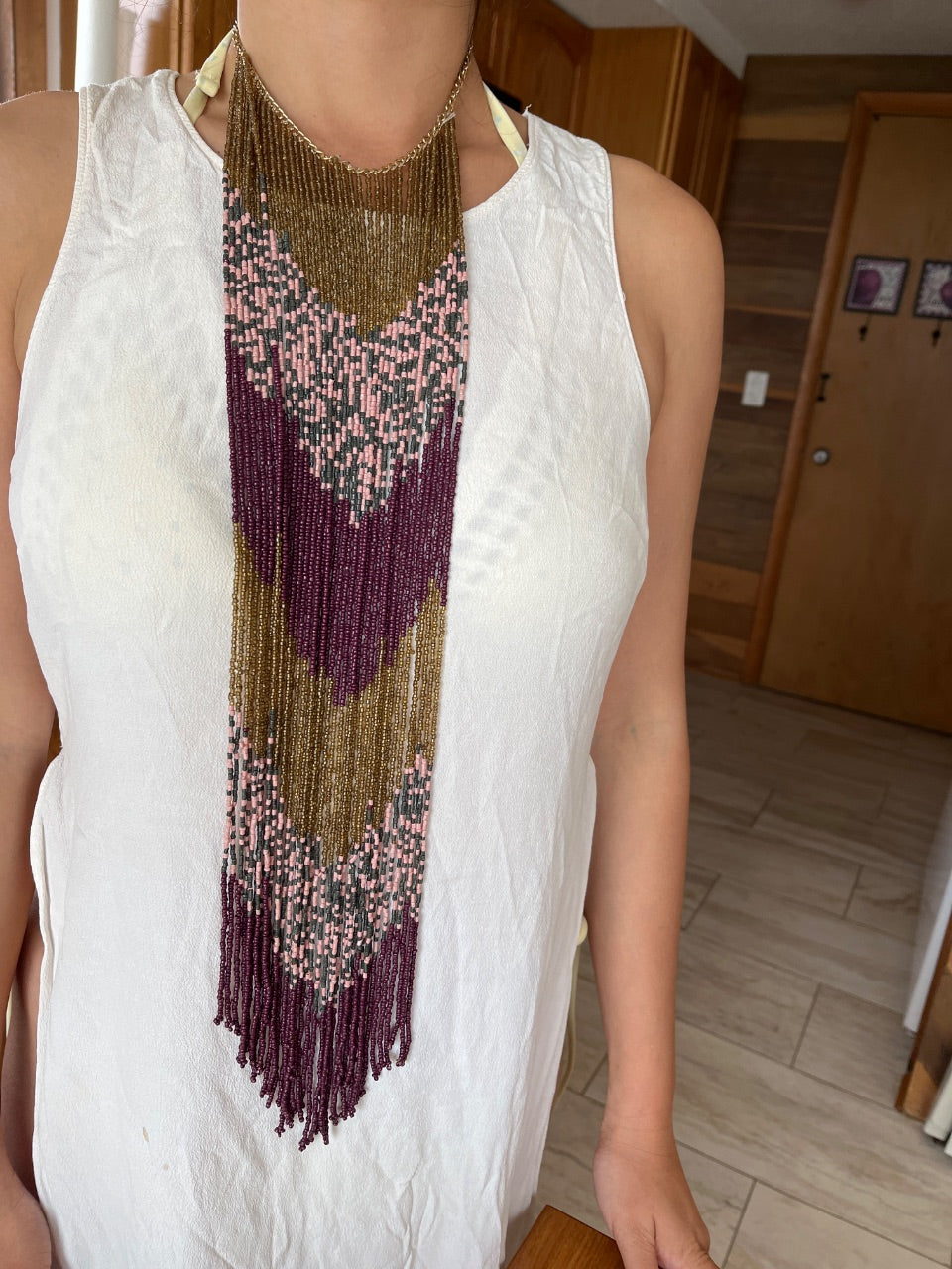 Unsigned Handmade Multi-Strand Seed Bead Fringe Collar Necklace, c. 1970s–1980s — view 2