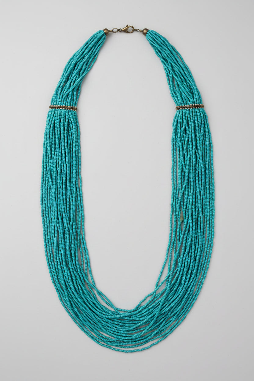 Unsigned Layered Necklace Set — Multi-Strand Turquoise Seed Bead with Rose Quartz & Nautilus Shell Pendants, c. 2000s–2010s — view 2
