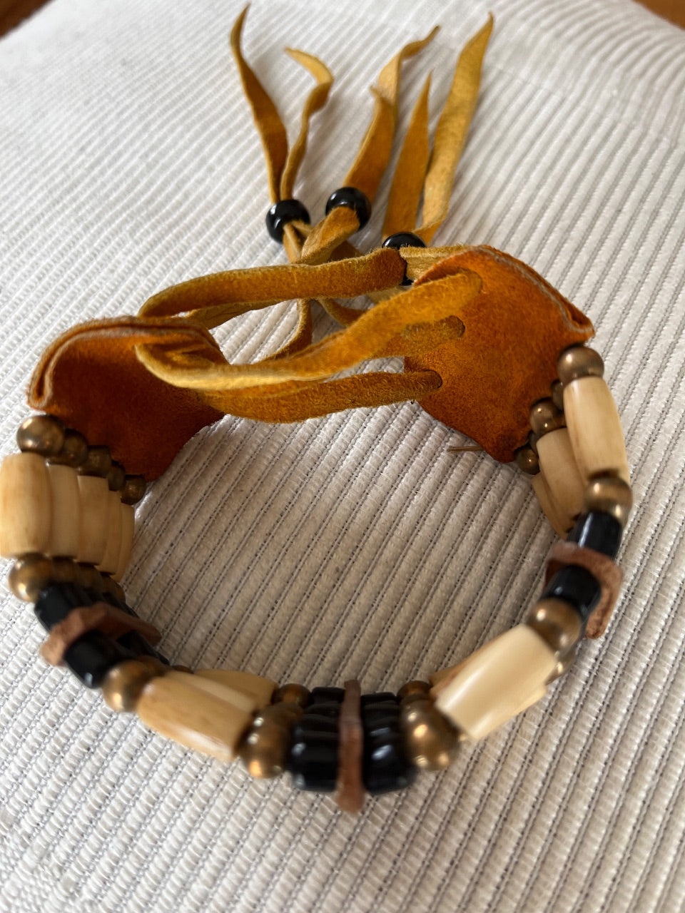 Unsigned Bone Tube, Brass & Black Bead Multi-Row Leather Cuff, c. 1980s–1990s — view 2