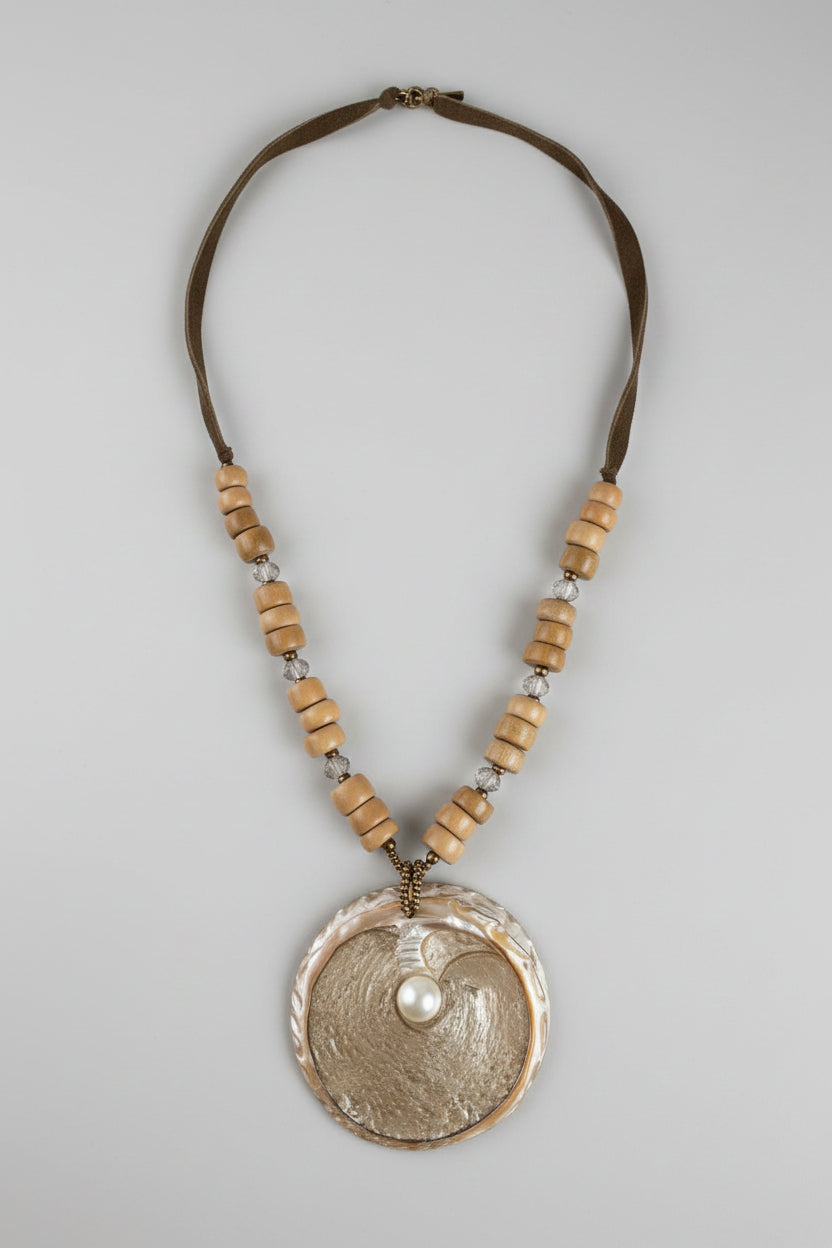 Unsigned Artisan Wood Bead & Shell Pendant Necklace, c. 2000s–2010s — view 2