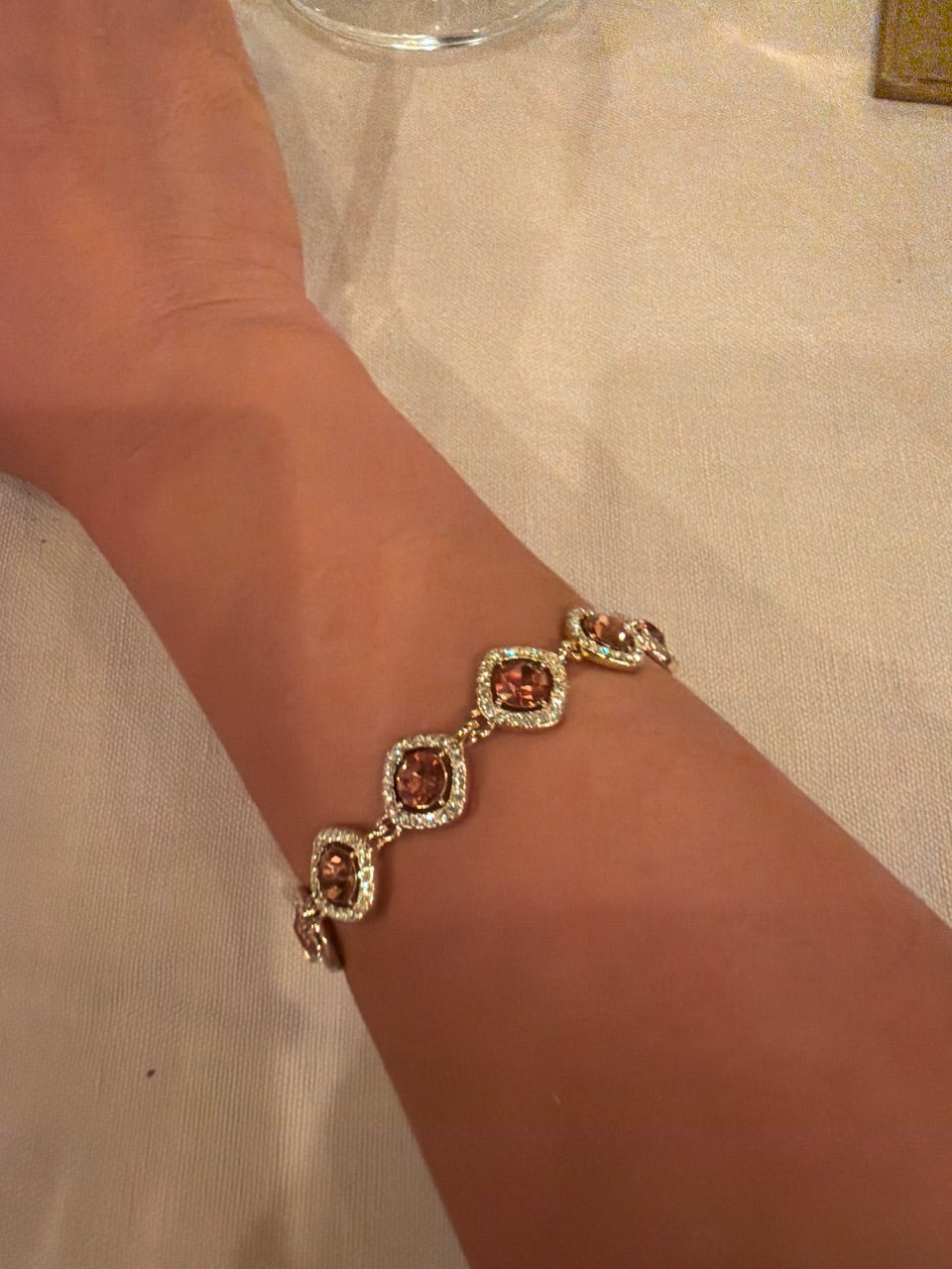 Unsigned Pink Crystal Cushion-Halo Link Bracelet, c. 2000s–2010s — view 3