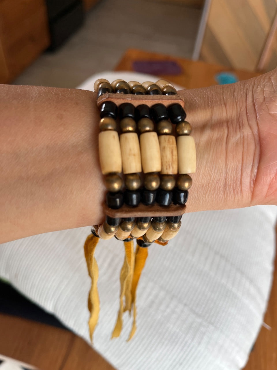 Unsigned Bone Tube, Brass & Black Bead Multi-Row Leather Cuff, c. 1980s–1990s — view 3