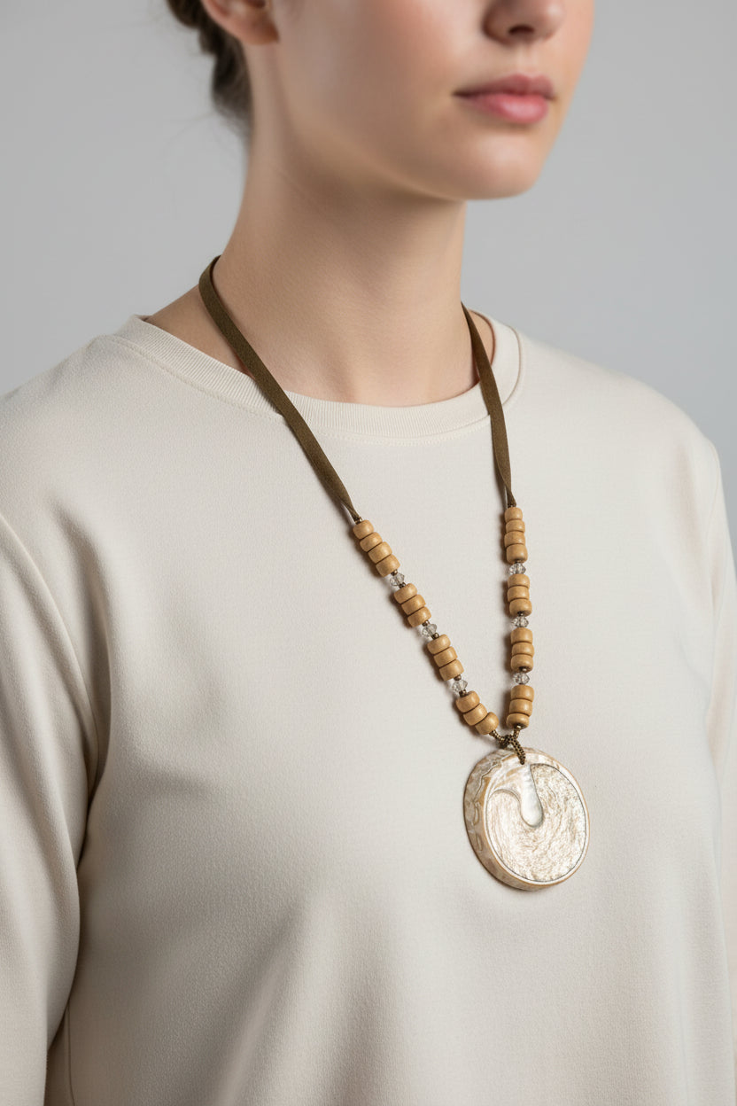 Unsigned Artisan Wood Bead & Shell Pendant Necklace, c. 2000s–2010s — view 3